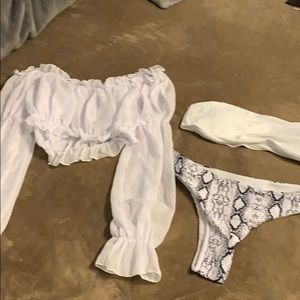 High waisted white bathing suit sheer cover on top